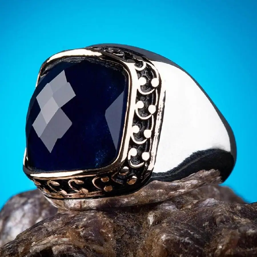 

Sterling Silver Plain Mens Ring with Blue Zircon Stone Fashion Turkish Premium Quality Handmade Jawelery