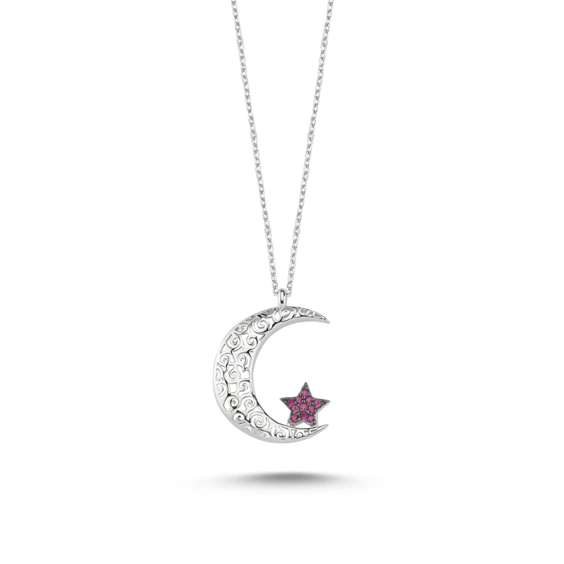 

Silver 925 Sterling Openwork Pattern and Zircon Cubic Zirconia Moon Star Necklace