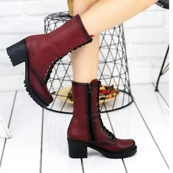 

Robinat Burgundy Skin Postal, Stylish New Season Boots, Lace-Up and Zipper, Orthopedic Thermo Soles, Square Heel, Below the Knee Boot , Booty , Bottine , Sneaker , Shoe , Leather , Platform