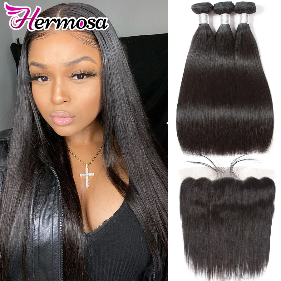Lowered Straight Hair Lace-Frontal Hermosa Closure 3-Bundles 13x4 Peruvian  LZyAqabz