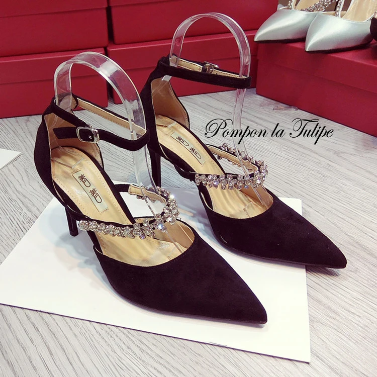 

MNK 930022 Velvet Suede Rhinestone Pointed Toe Elegant Sheepskin Pumps 6.5/9CM Chic Stilettos Fancy Party Wedding Women Shoes