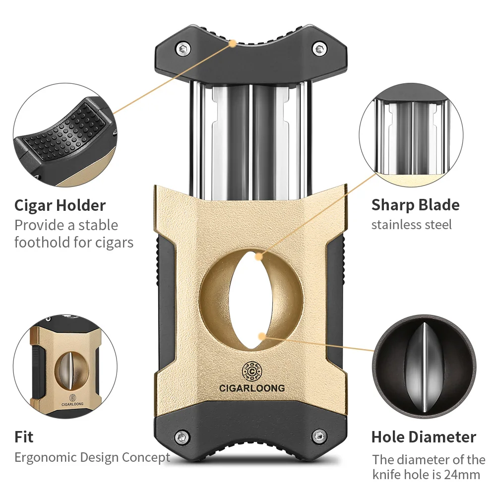 2IN1CigarCutterVCutCigarHolderSharpBladeCigarScissorsMetal