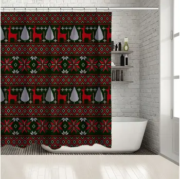 

Knitted Christmas Pattern of Small Trees Reindeers Floral Traditional Folk Art Printed Green Red White Shower Curtain