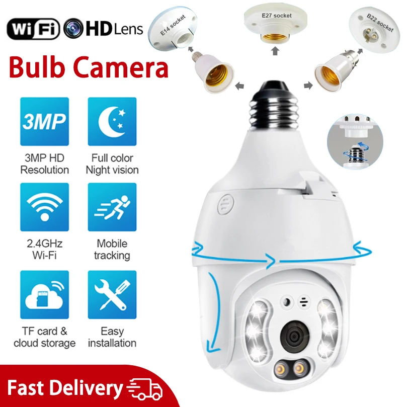 3mp E27 Surveillance Wifi Camera Bulb Night Vision Full Color Panoramic