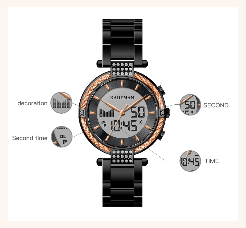 Kademan Новые Элегантные кварцевые и цифровые женские часы с ЖК-экраном Роскошные бизнес стиль модные водонепроницаемые K9080 Relogio Feminno