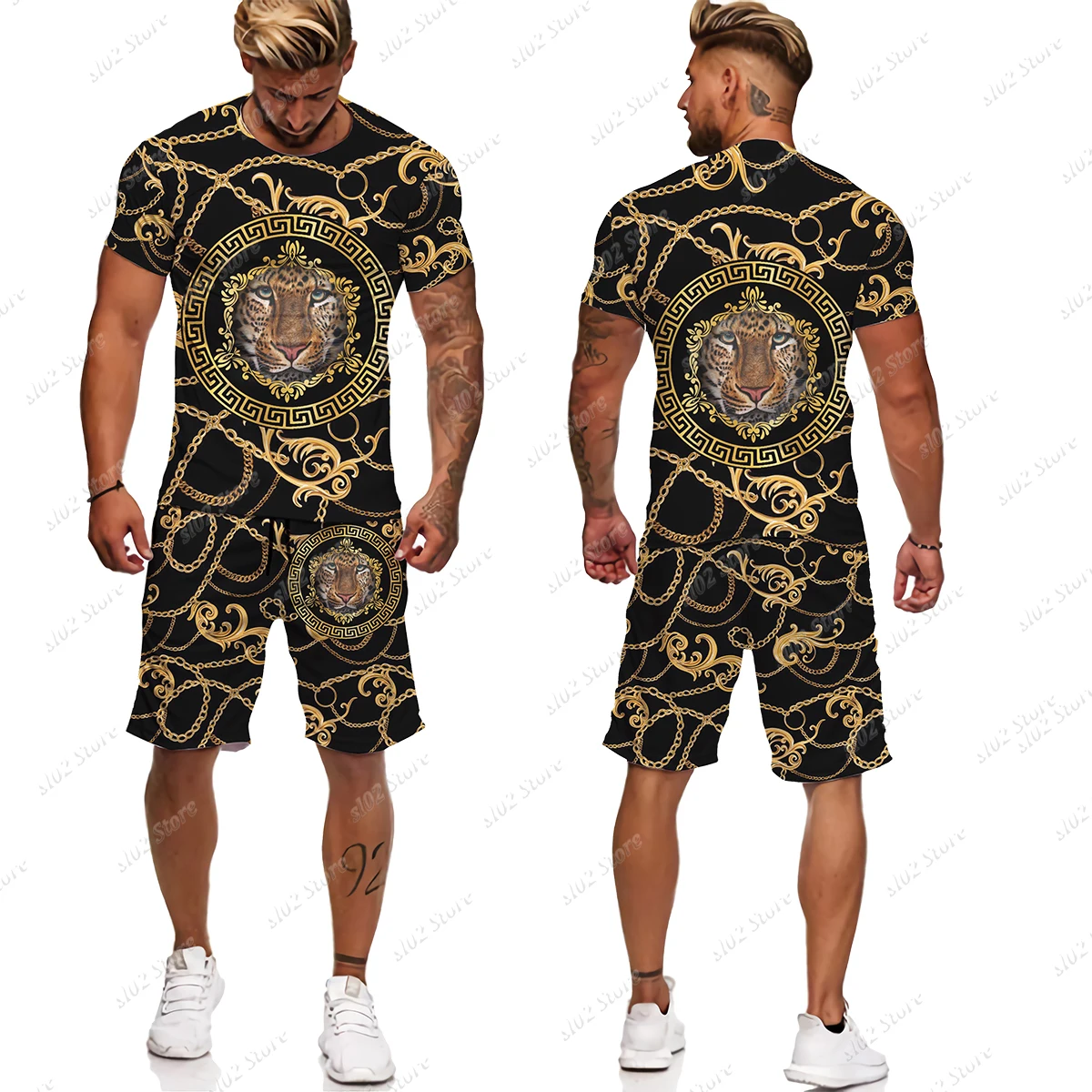 mens loungewear sets Summer Golden Pattern Lion Head Printed Men T-shirt/Shorts/Suit Graphic O-neck T Shirt and Shorts Short Sleeved Men's Tracksuit mens shorts and t shirt set