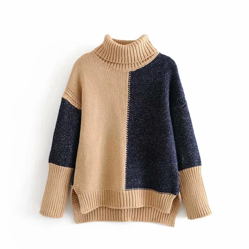 

Obrix Geometric Pattern Knited Female Sweater Spring Autumn Casual Style Turtleneck Full Sleeve Loose Pullover For Women