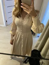 A-Line Dress V-Neck Spring Bishop-Sleeve Satin Simplee Chic Elegant Vintage High-Waist