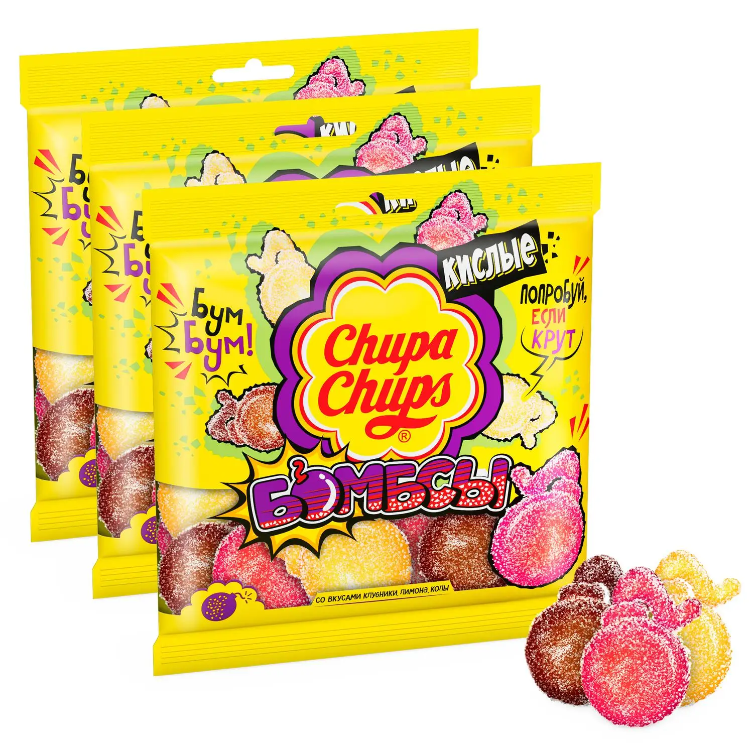 Chewing marmalade Chupa Chups sour bombers 3 pcs of 120 grams Confectionery Marmalad | Продукты