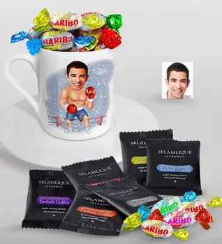 

Personalized Mr Boxer Caricature Of Turkish Coffee Cup Selamlique Mixed Turkish Coffee house And Haribo Candy Gift Seti-1