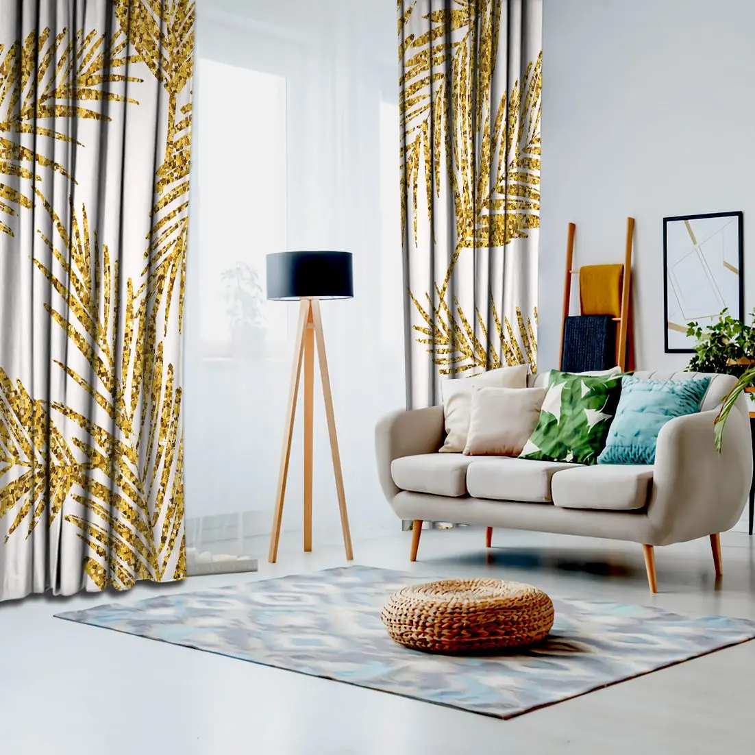 Exotic Pattern with Gold Palm Leaf Silhouettes Nature Tropics Fun Stylish Floral Artwork Print Curtain