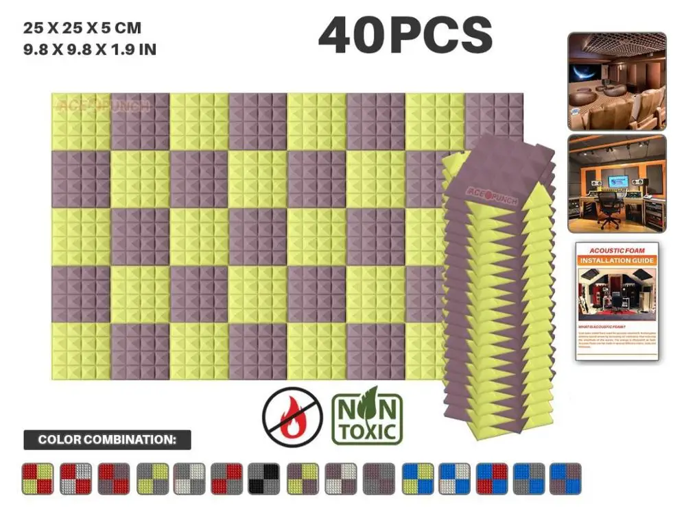 Arrowzoom 40 шт. в упаковке цветная комбинация 9," x 9,8" x 1," Пирамида плитка студия Звукопоглощающая Панель акустическая пена AZ1034 - Цвет: Purple and Yellow