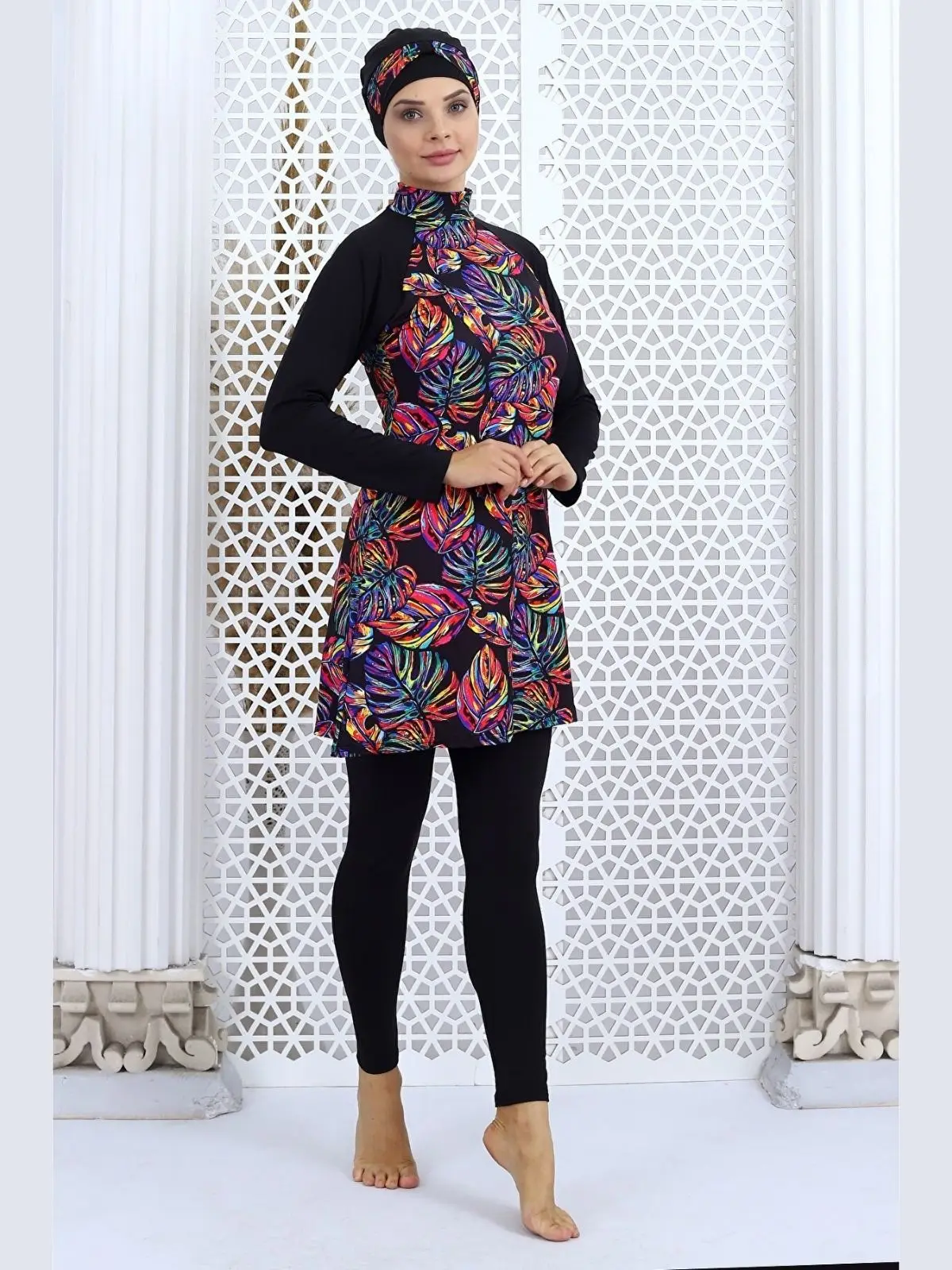 Long Sleeve Patterned Fully Covered Swimsuit Women Swimwear Hashem Unlined Muslim Hijab Stand Collar Summer Sea Swimming