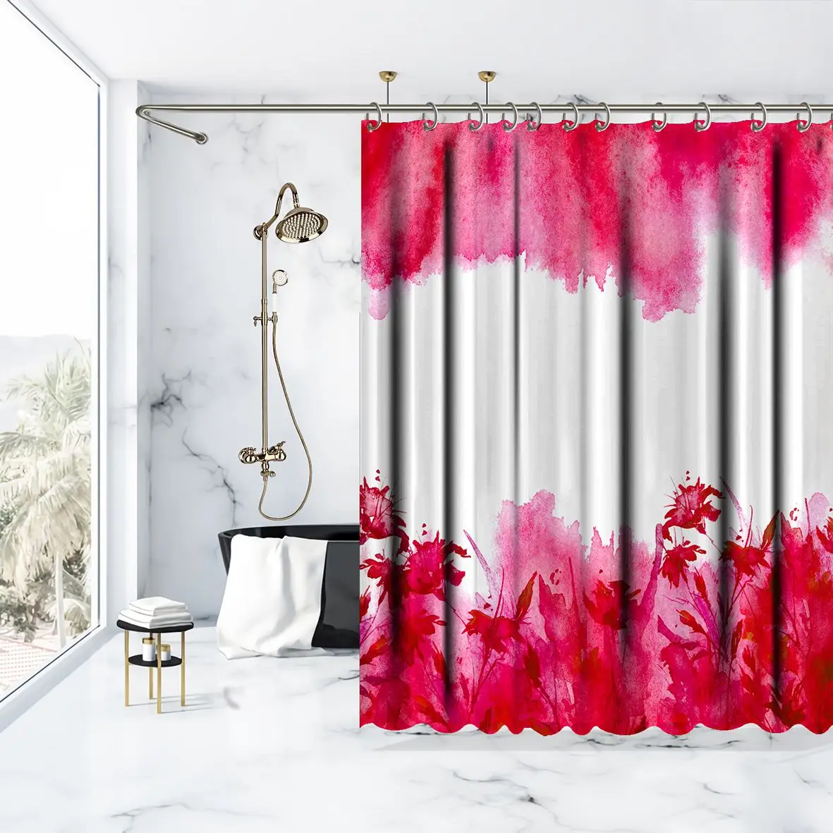 65-73f Wildflowers Grass Clear Sky Natural Garden Watercolor Style Artwork Red Pink White Shower Curtain