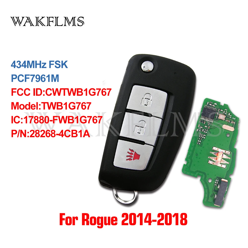 3btn Remote Flip Car Key fob 434MHz For Nissan Rogue 2014 2015 2016 2017&nbsp;2018 with PCF7961M chip CWTWB1G767 TWB1G767 28268-4CB1A