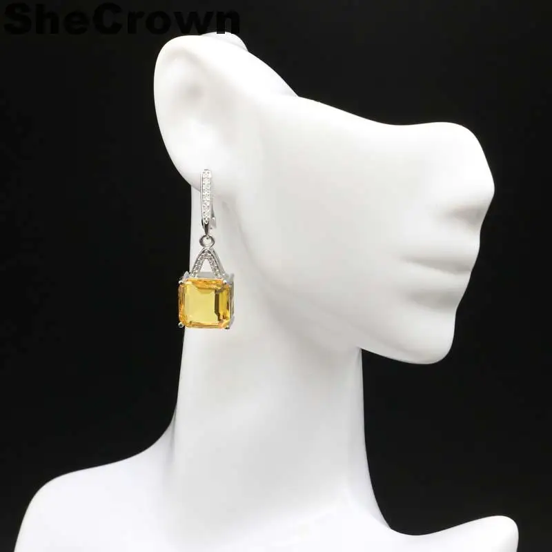 34x11mm Romantic Created Square Shape Golden Citrine White CZ Gift For Girls Silver Earrings
