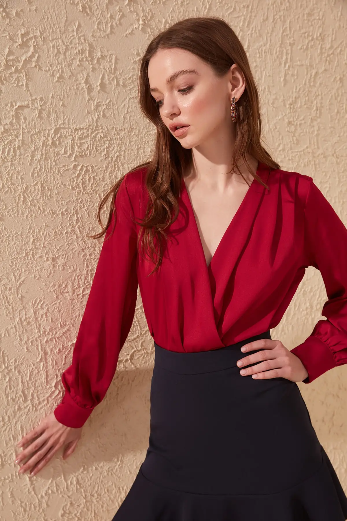 Trendyol бордовый двойной воротник до груди тела TOFAW19BB0678| |