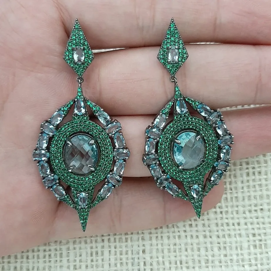 

925 Sterling Silver Green and Blue Stone Statement Long Big Boho Cute Dangle Stud Earrings серьги с камнями 925