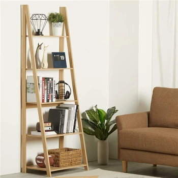 

Home Office 5-Tier Ladder Shelf Bookcase Leaning Bookshelf Wooden Frame Decor Modern Storage Flower Shelf Plant Display Shelf