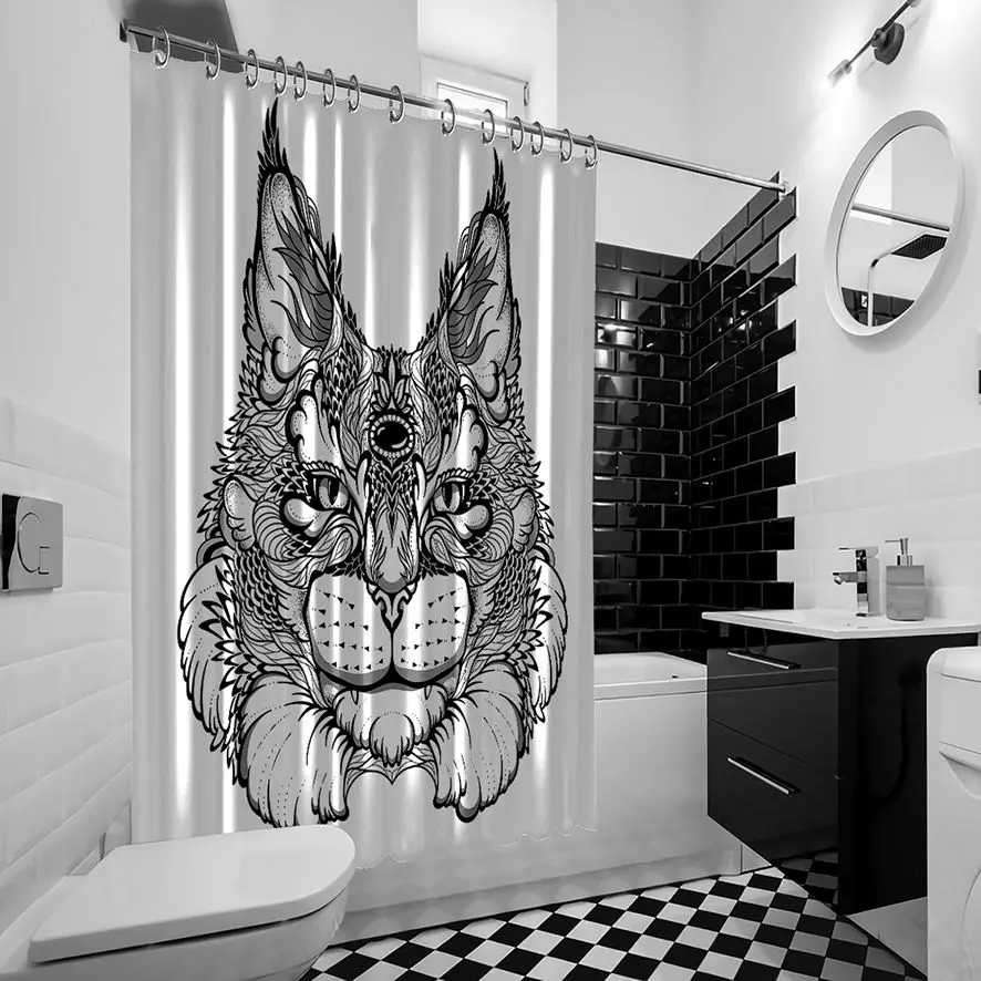 Кошка Рысь голова дикая природа животный мир декоративный Zentangle Печатный Черный Белый занавеска для душа