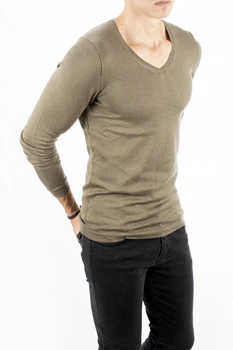 

DeepSEA Male Khaki Large V Collar Tight Cutout Slim Knitwear Sweater 1808081