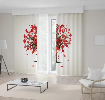 

Curtain Love Tree with Heart Shaped Red Leaves Romantic Artful Design Creative Decor