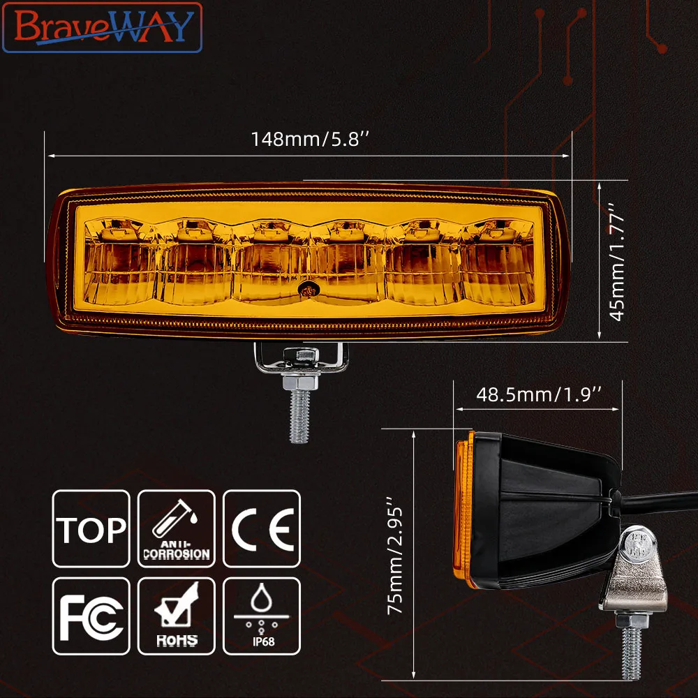 BravyWay желтый светодиод туман светильник грузовик 6 дюймов рабочий 30W 24V бар 3000 К
