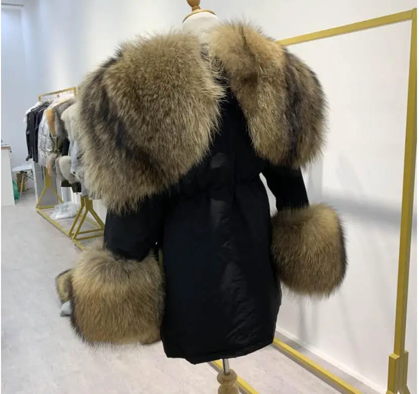 KoHuiJoo женские пальто с натуральным лисьим мехом зимние Роскошные куртки с меховым воротником пуховики с большим отворотом с капюшоном теплые парки с белым утиным пухом