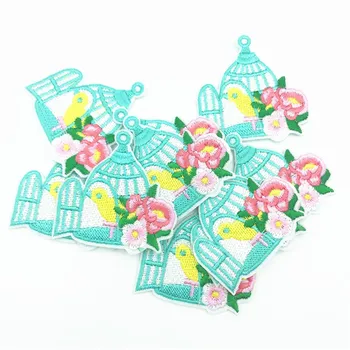 

100pcs Birdcage Flower Patch 50x50mm Iron on Bird Patches Embroidery Stickers Appliques Patch Badge Garment Accessoires