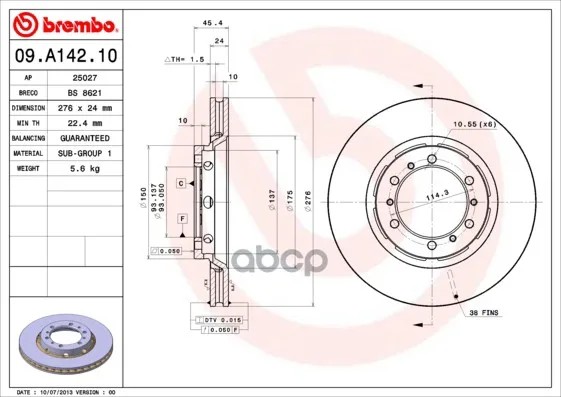Диск Тормозной Mitsubishi: L 400 Фургон 96-, Space Gear 95-00 Brembo арт. 09.A142.10