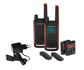 

MOTOROLA T82 BLACK ORANGE COUPLE WALKIE TALKIES 10KM RESISTANCE IPX2 LED FLASHLIGHT 16 CHANNELS 121 PRIVACY CODES