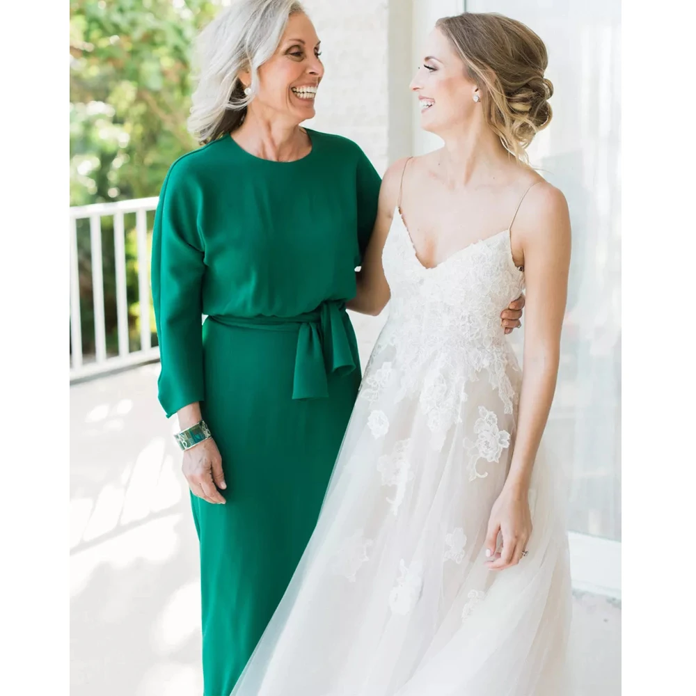 Green Mother Of the Bride Dresses Jewel Neck Plus Size With Sash Evening Wedding Guest Dress vestidos de fiesta de noche