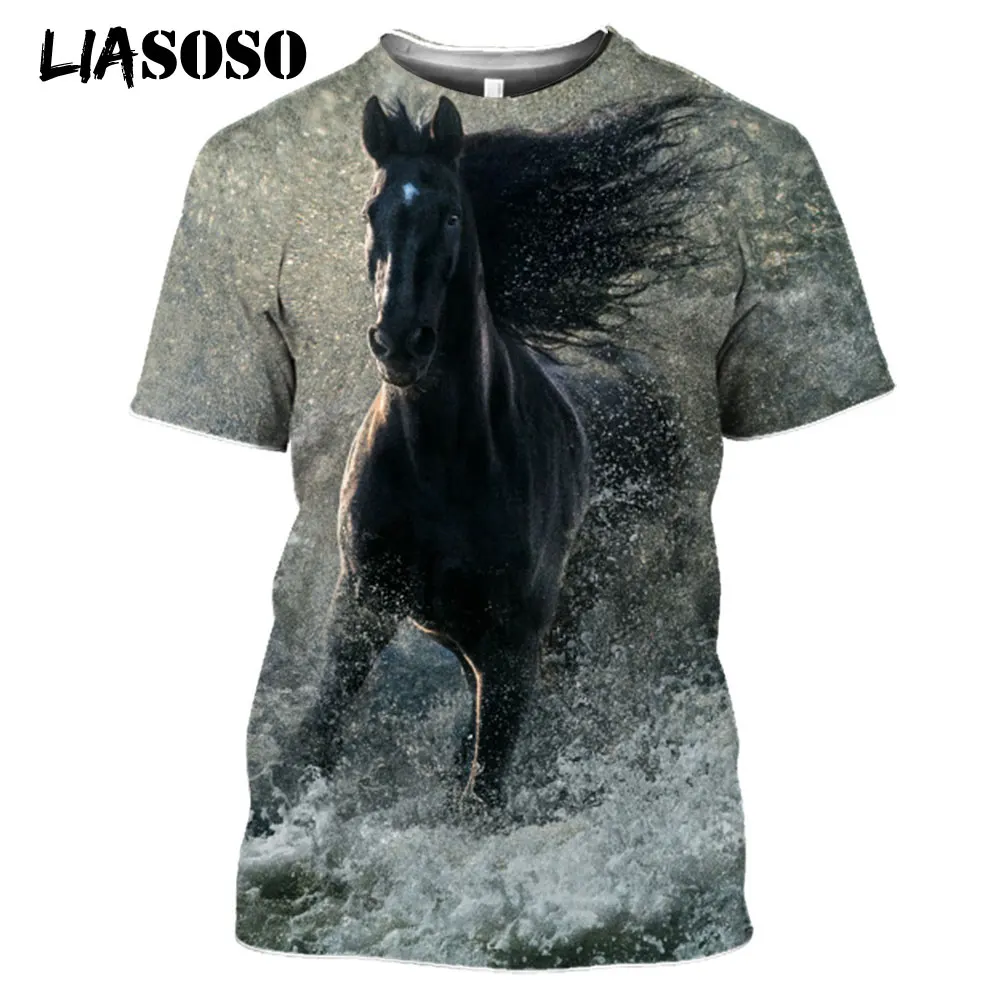 LIASOSO 2021 3D Print Robust Horses Snow Anime Horse Animals Tshirt Women Men Casual T-shirt Pullover Short Sleeve Large Clothes