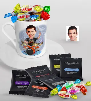 

Personalized Mr Baterist Caricature Of Turkish Coffee Cup Selamlique Mixed Turkish Coffee house And Haribo Candy Gift set