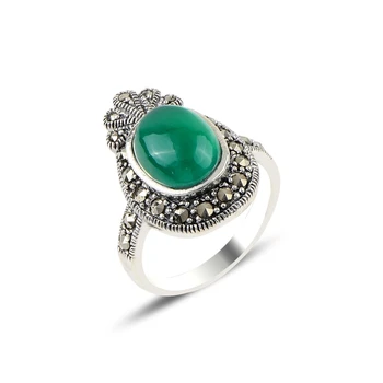 

Silver 925 Sterling Green Agate & Marcasite Ring