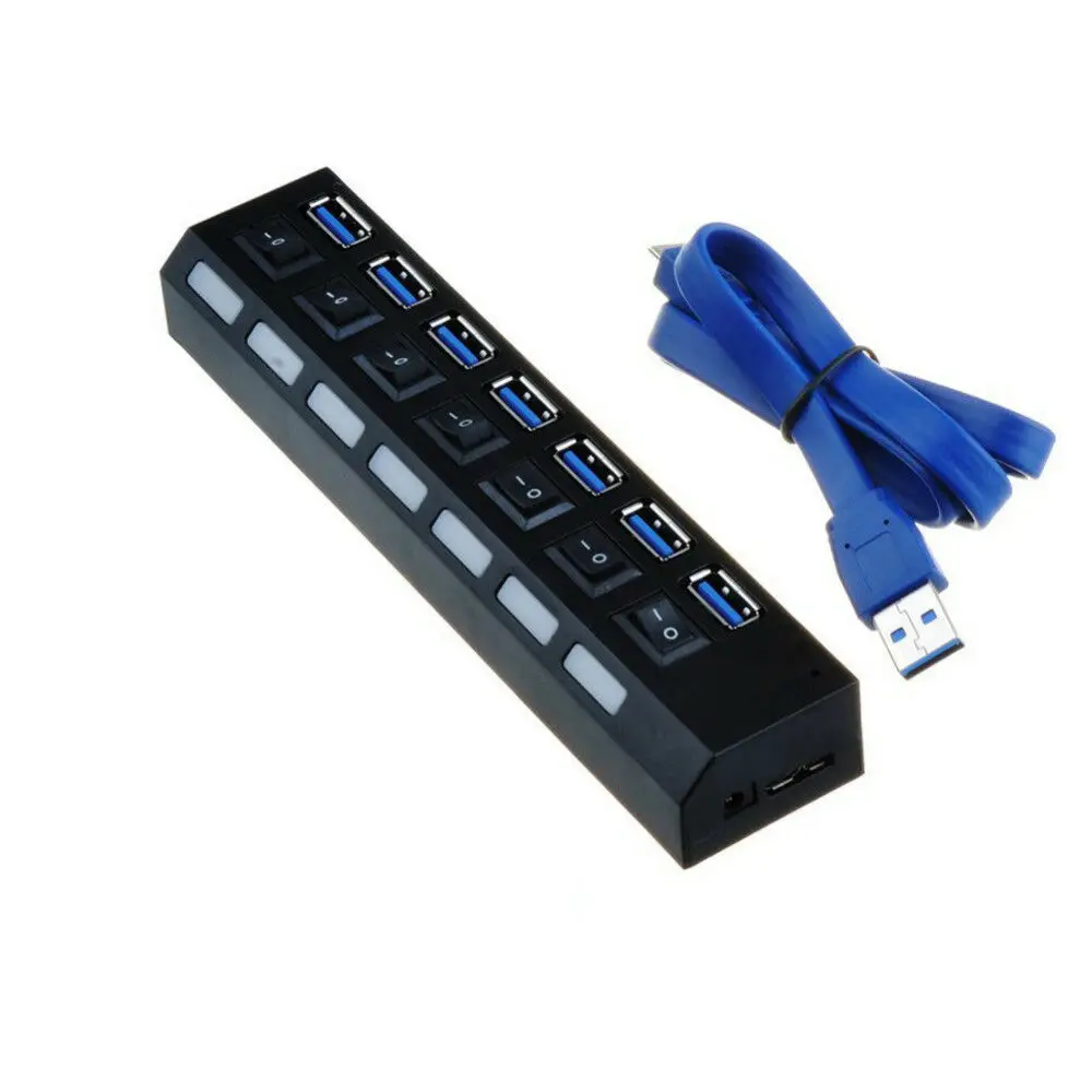 

7 Multi Port USB 3.0 Hub On/Off Switches & AC Power Adapter Cable for PC Laptop