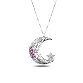 

KUTAYDAN Pink Grayscale Nano Cubic Zirconia Moon Star Necklace 925 Sterling Silver
