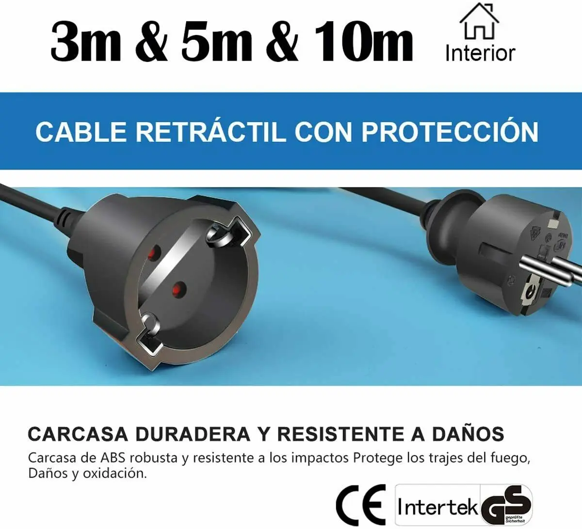 Cable alargador extensible 10m 16a/250v. Alargador 10m para 16a/250v.  Alargadera de 10m como max 3680w.