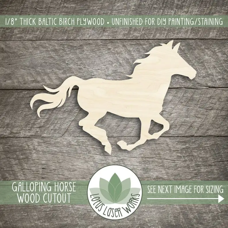 

Galloping Wood Horse Cutout, Wooden Horse Shape, Blank Wood Shapes, Laser Cut Wood Animals