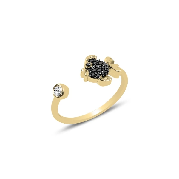 KUTAYDAN Black Zircon Stone Adjustable Tall Fish Ring 925 Sterling Silver