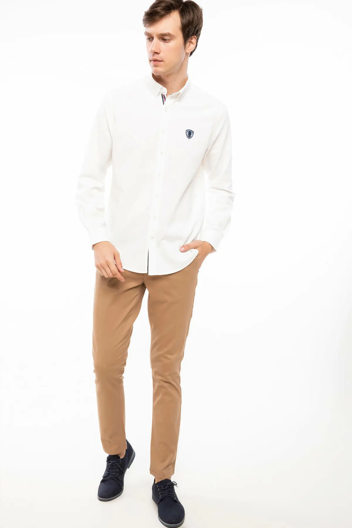 Дефакто мужская белая синяя хлопковая рубашка с длинным рукавом мужская деловая рубашка с отложным воротником Топ Shirts-J1779AZ18AU