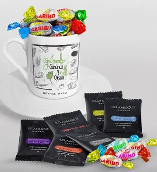 

Personalized Teachers Present-Day Happy Turkish coffee Cup Selamlique Mixed Turkish Coffee House and Haribo Candy Gift Seti-8