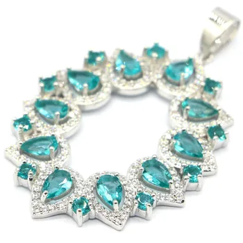 

54x34mm Awesome Big Size Created Rich Blue Aquamarine White CZ Ladies Silver Pendant