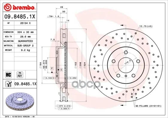 Диск Тормозной Задние Nissan 350 Z(Z33)(09/02-) F / Nissan 350 Z Roadster(Z33)(10/03-) F Brembo арт. 09.8485.1X