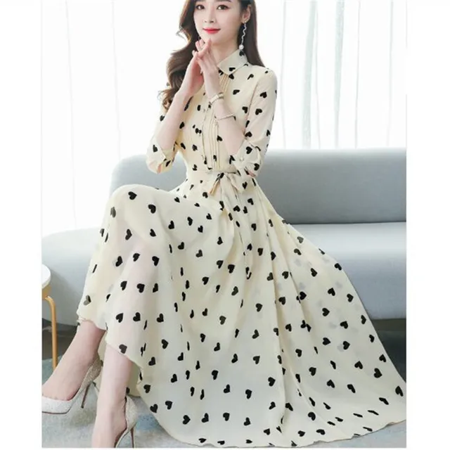 2020 Korean Summer New Stand-Up Collar Seven-Point Sleeves Temptation Chiffon Floral Big Swing Dress Women