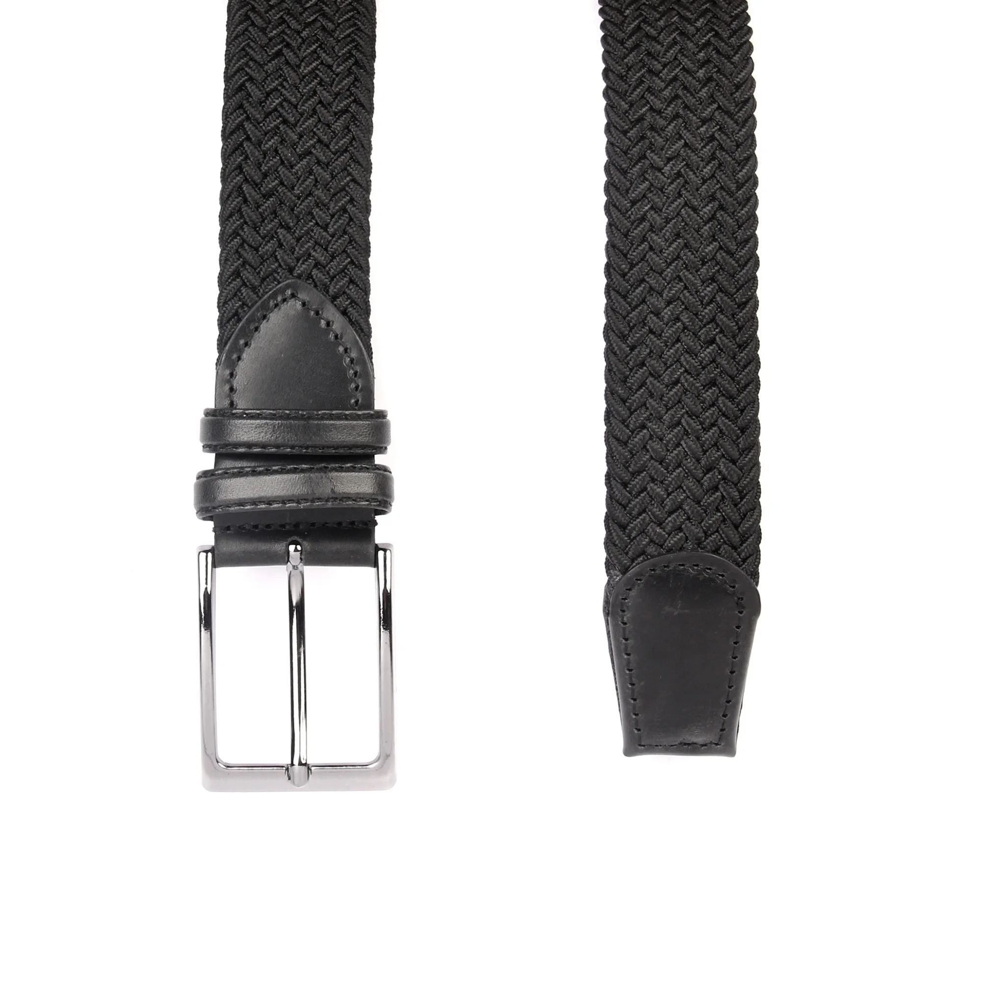 

Handmade Black Belt with Knitted Woven Elastic Fabric & Real Calfskin Leather, Men's Classic Fashion Accessories Pants Denim
