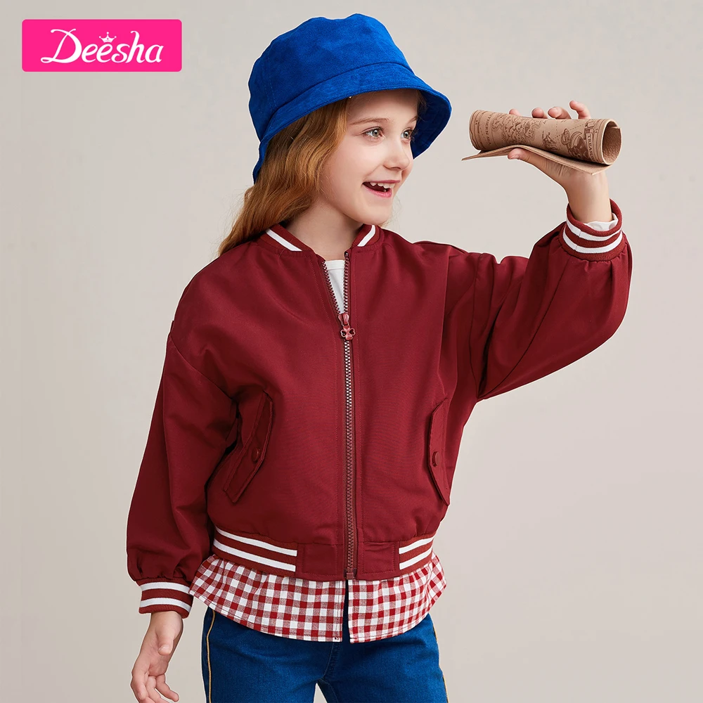 

Toddler Girls Outwear Jacket Red Autumn Plaid Splice Baseball Jacket Zipper Closure with Pockets Warm Fashion Tops Coat Clothes