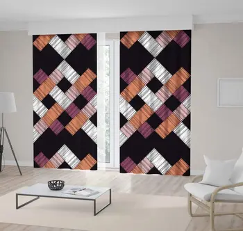 

Curtain Ethnic Boho Decorative Retro Geometric Pattern Zigzag Style Artwork on Black Background Purple Beige