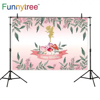 

Funnytree pink treat kids birthday banner Elf mushroom Leaves photozone backdrop background party photography girl Photocall
