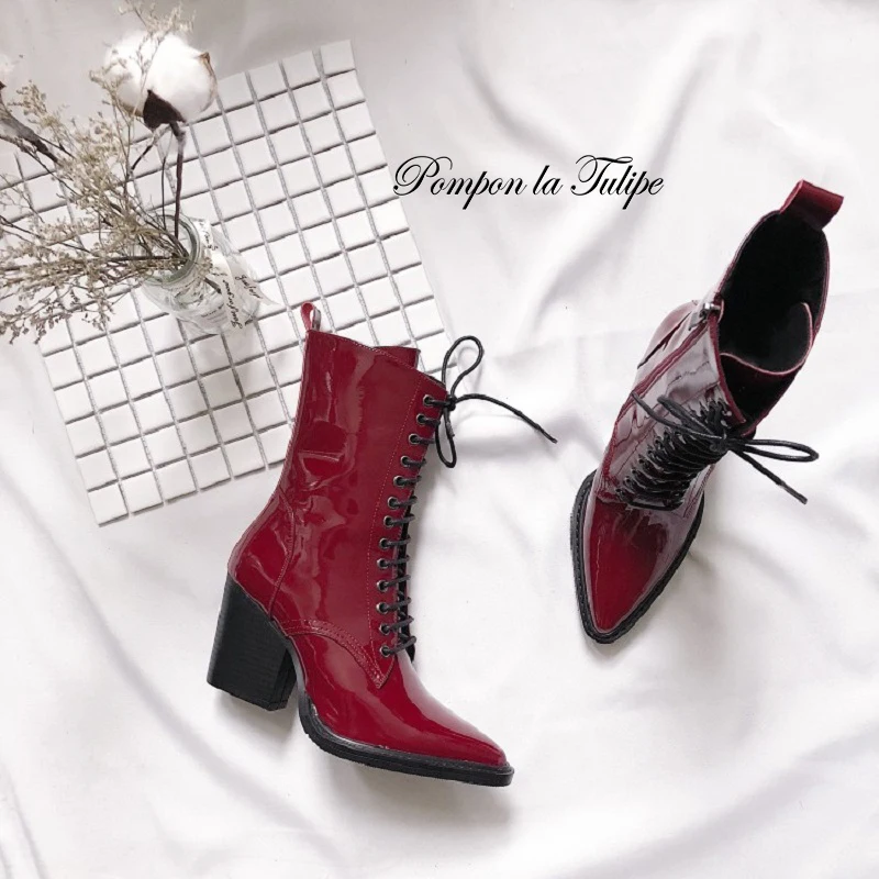 

Patent Winter Martin Boots Genuine Cow Leather 8CM High Heel Mid Calf Short Plush Lace Up 2019 Fashion Women Boots Street Trend
